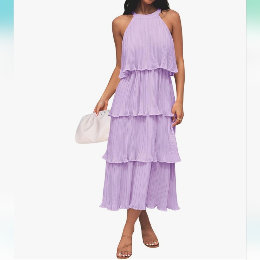 Size L purple ZESICA Sleeveless Halter Neck Ruffle Tiered Dress
